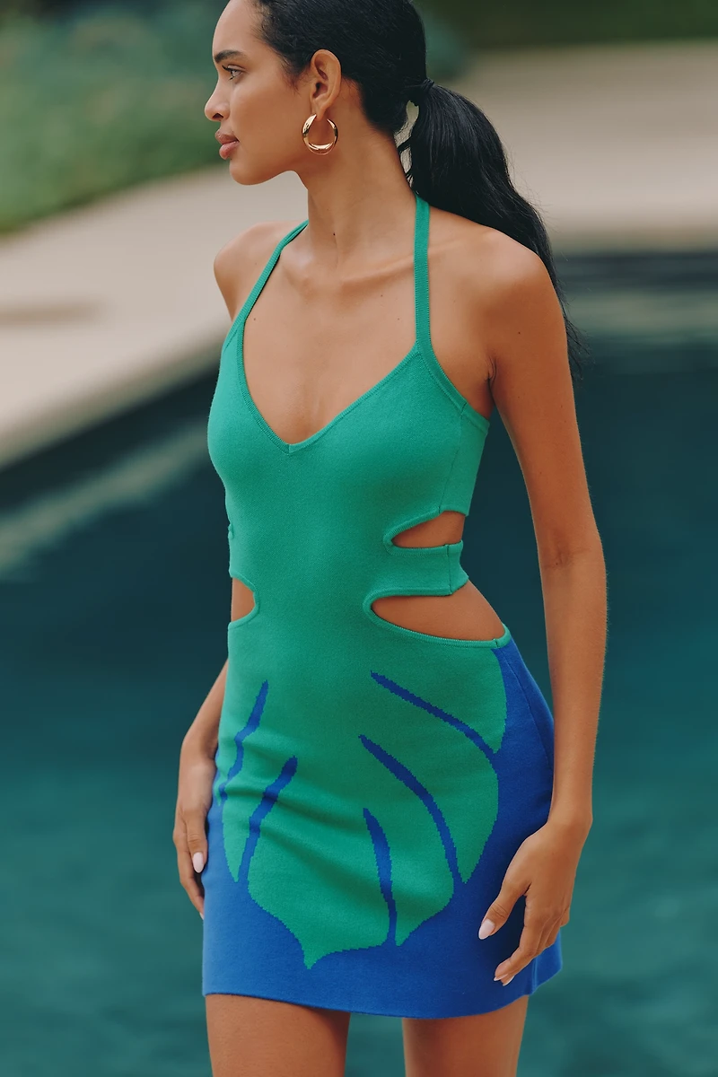 Celandine Monstera Halter Cut-Out Mini Dress