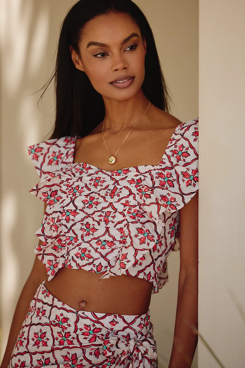 Ro's Garden Caracas Cotton Flutter-Sleeve Square-Neck Blouse