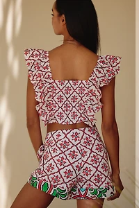 Ro's Garden Caracas Cotton Flutter-Sleeve Square-Neck Blouse