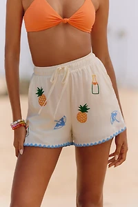 Flat White Embroidered Pull-On Shorts