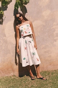 Flat White Tropical Embroidered Midi Skirt