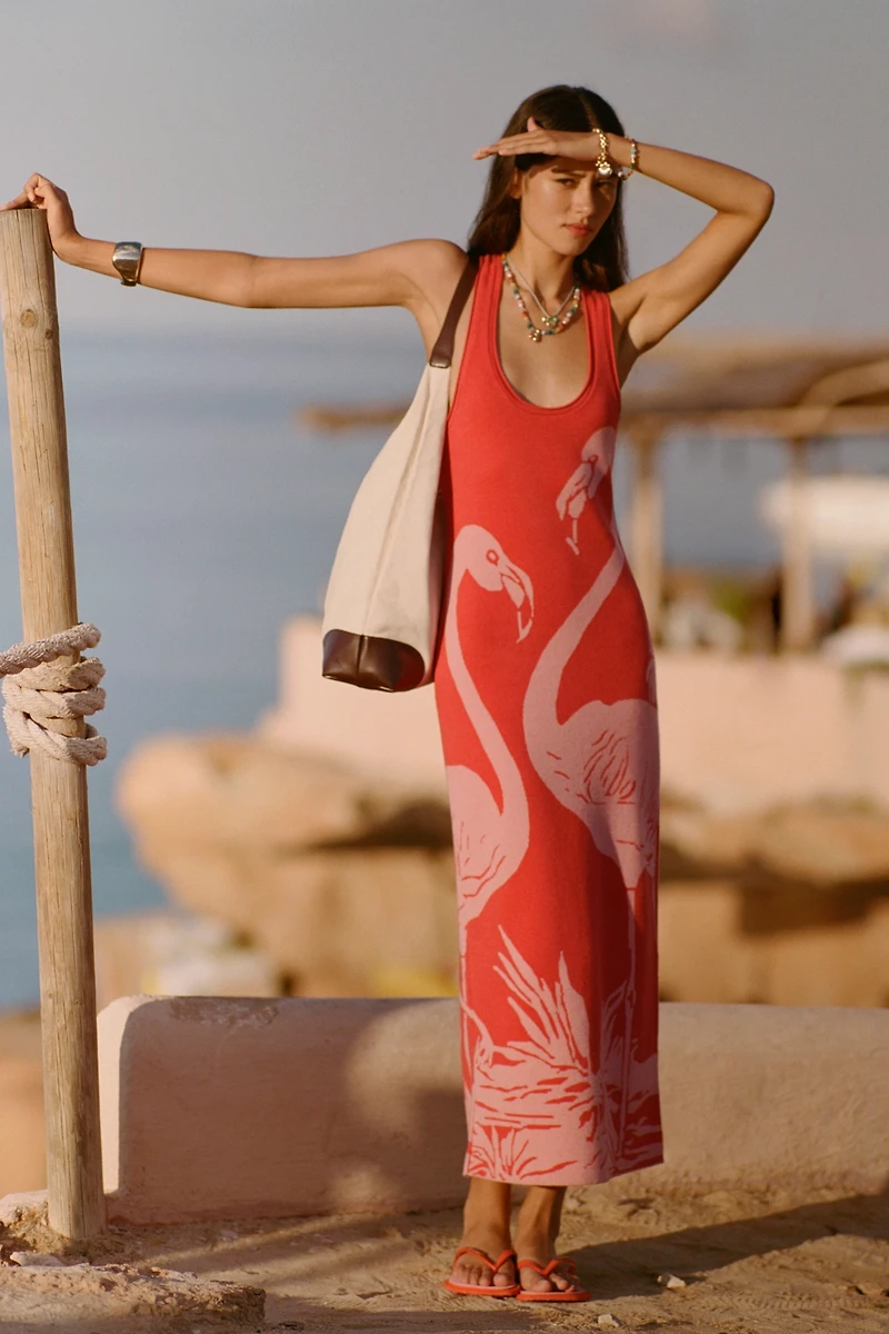 Celandine Flamingo Knit Midi Dress