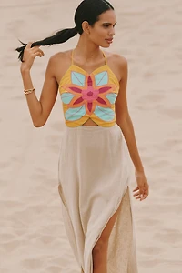 Celandine Linen Blend Embellished Flower Maxi Dress