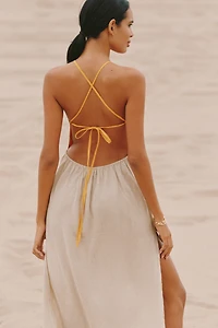 Celandine Linen Blend Embellished Flower Maxi Dress