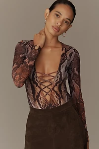 AFRM Lace-Up Mesh Long-Sleeve Bodysuit