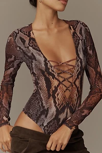 AFRM Lace-Up Mesh Long-Sleeve Bodysuit
