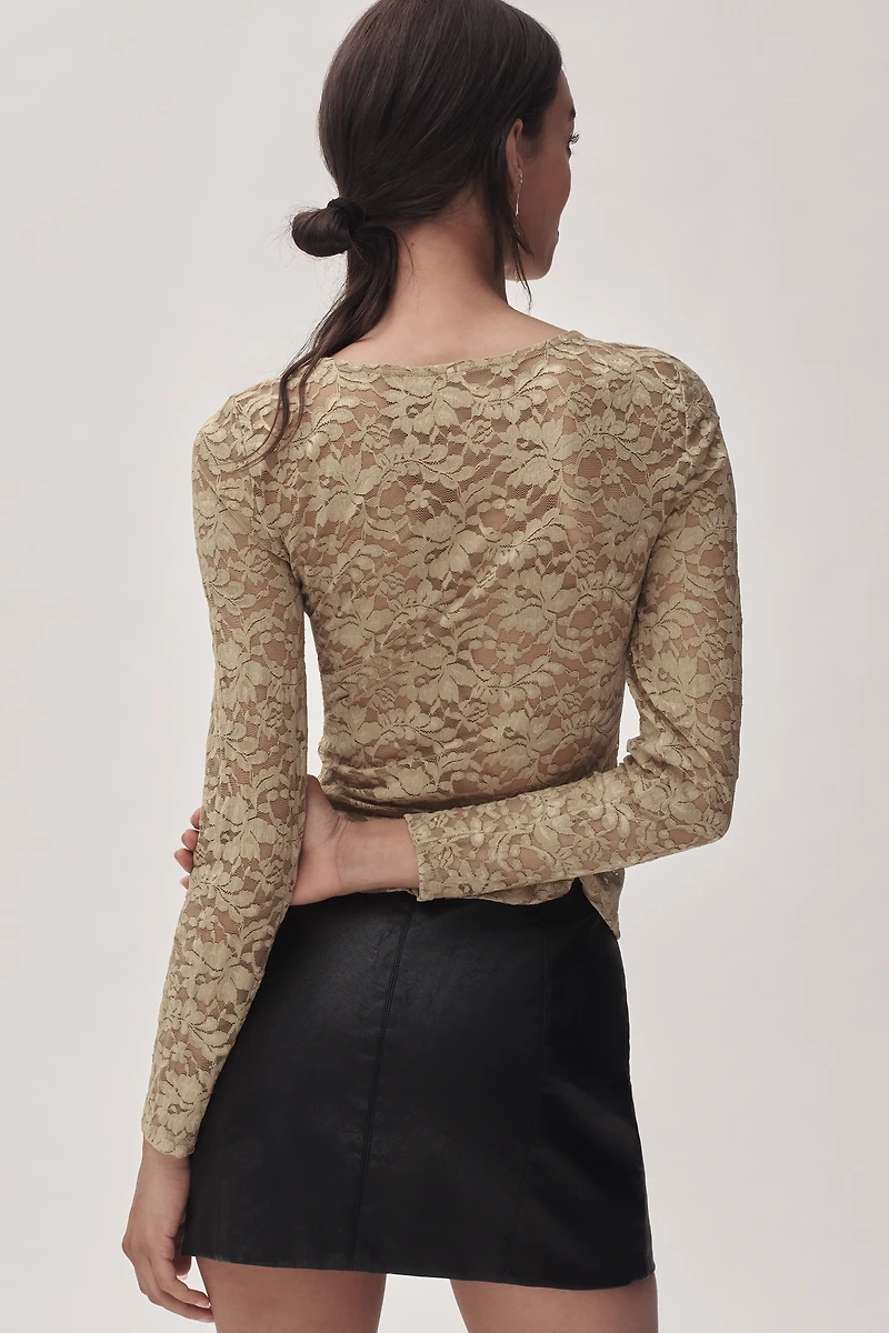 By Anthropologie Long-Sleeve Lace Crew-Neck Top