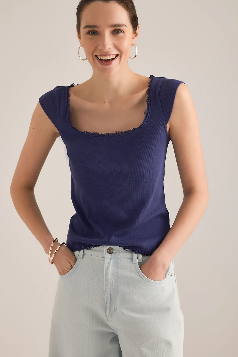 Maeve Lace-Trim Cap-Sleeve Shirt