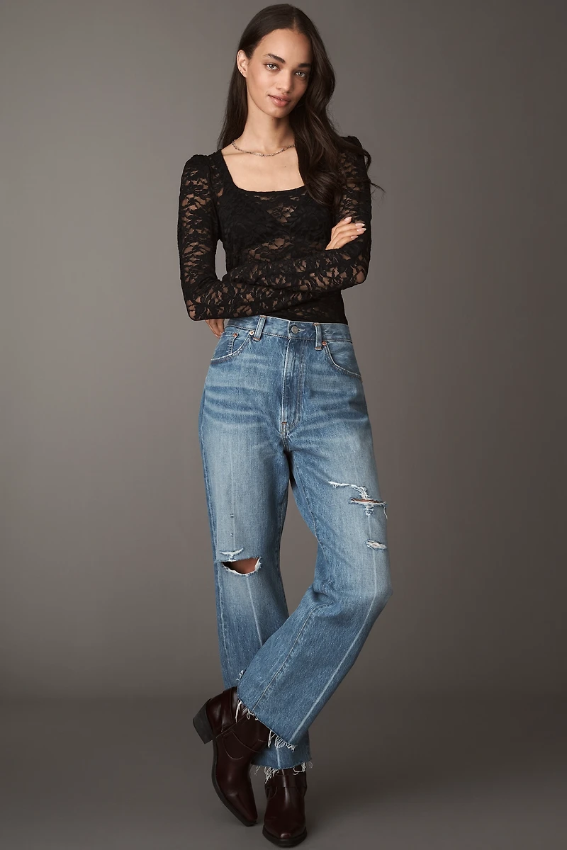 By Anthropologie Puff-Sleeve Sheer Lace Top
