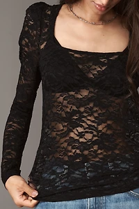 By Anthropologie Puff-Sleeve Sheer Lace Top
