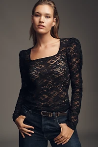 By Anthropologie Puff-Sleeve Sheer Lace Top