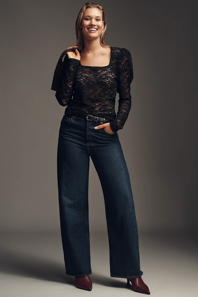 By Anthropologie Puff-Sleeve Sheer Lace Top