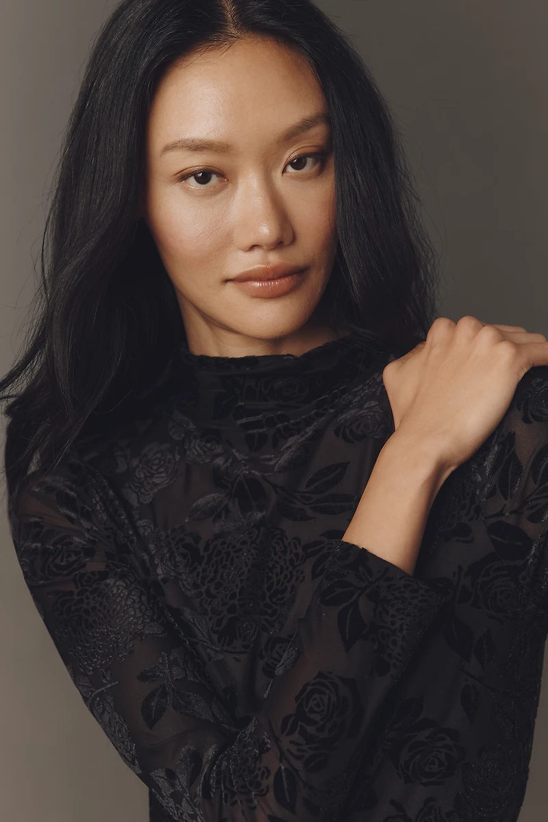 By Anthropologie Flocked Mock-Neck Long-Sleeve Top