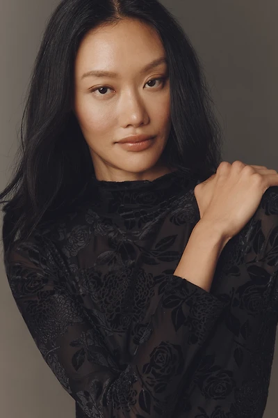 By Anthropologie Flocked Mock-Neck Long-Sleeve Top