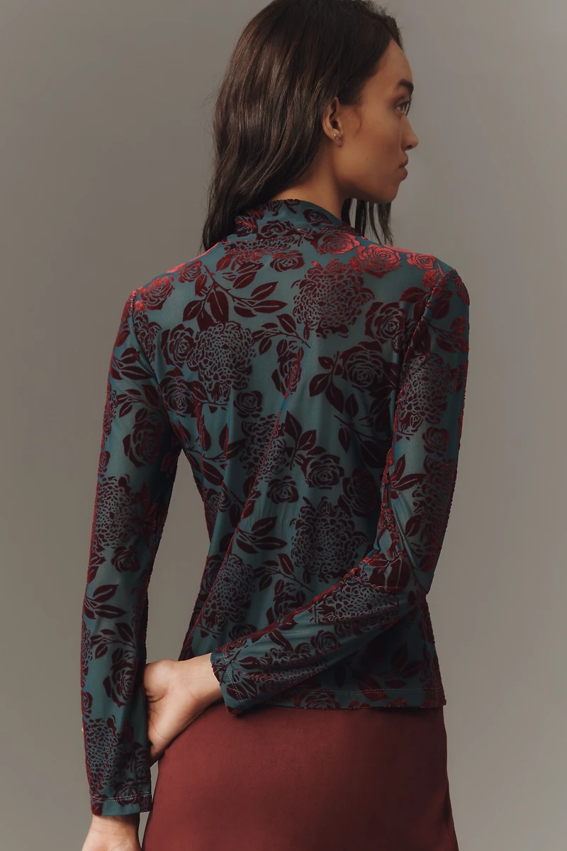 By Anthropologie Flocked Mock-Neck Long-Sleeve Top