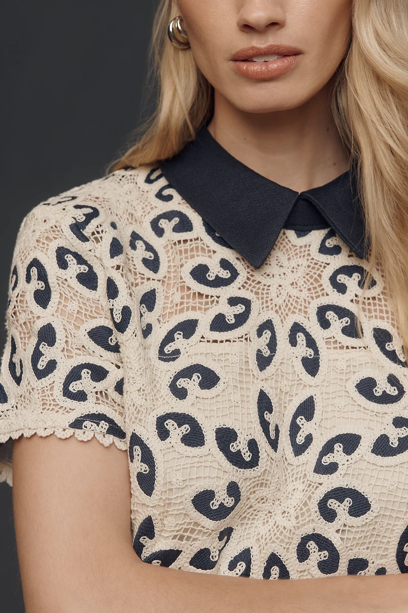 English Factory Short-Sleeve Crochet Mini Dress