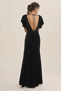 Jenny Yoo Ellis Flutter-Sleeve Open-Back Stretch Velvet Gown