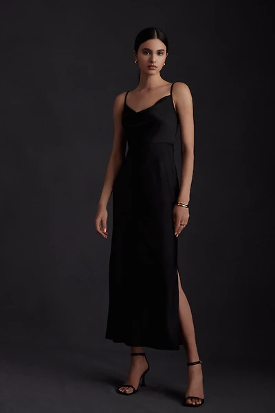 BHLDN Cali Satin Cowl-Neck Midi Slip Dress