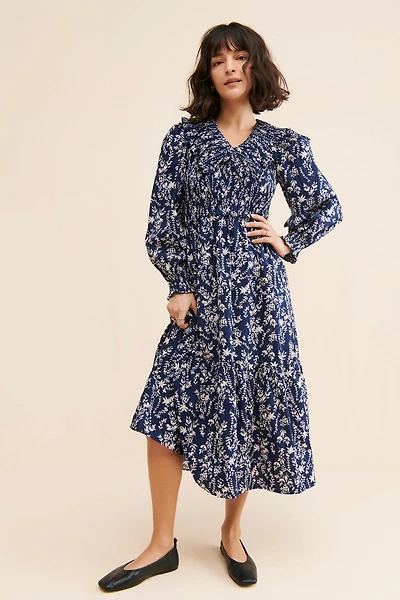 Moon River Ruffle Shirred Midi Dress