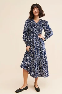 Moon River Ruffle Shirred Midi Dress