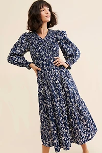 Moon River Ruffle Shirred Midi Dress