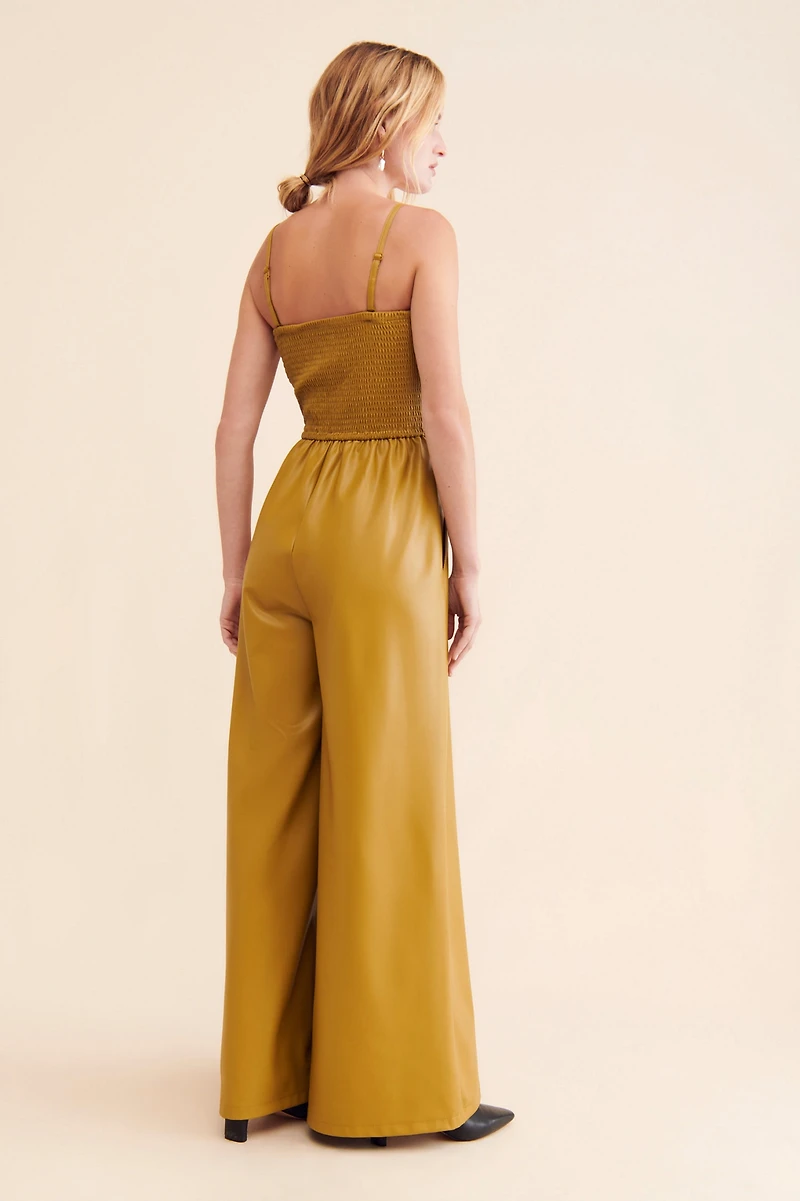 Pilcro Faux Leather Smocked Wide-Leg Jumpsuit