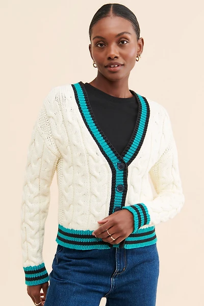 Maeve Varsity Cable-Knit Cardigan Sweater