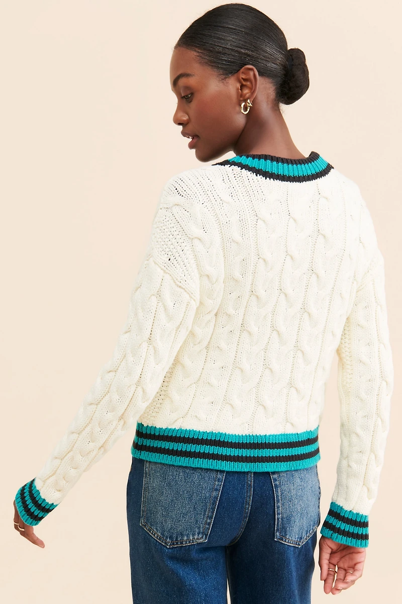 Maeve Varsity Cable-Knit Cardigan Sweater