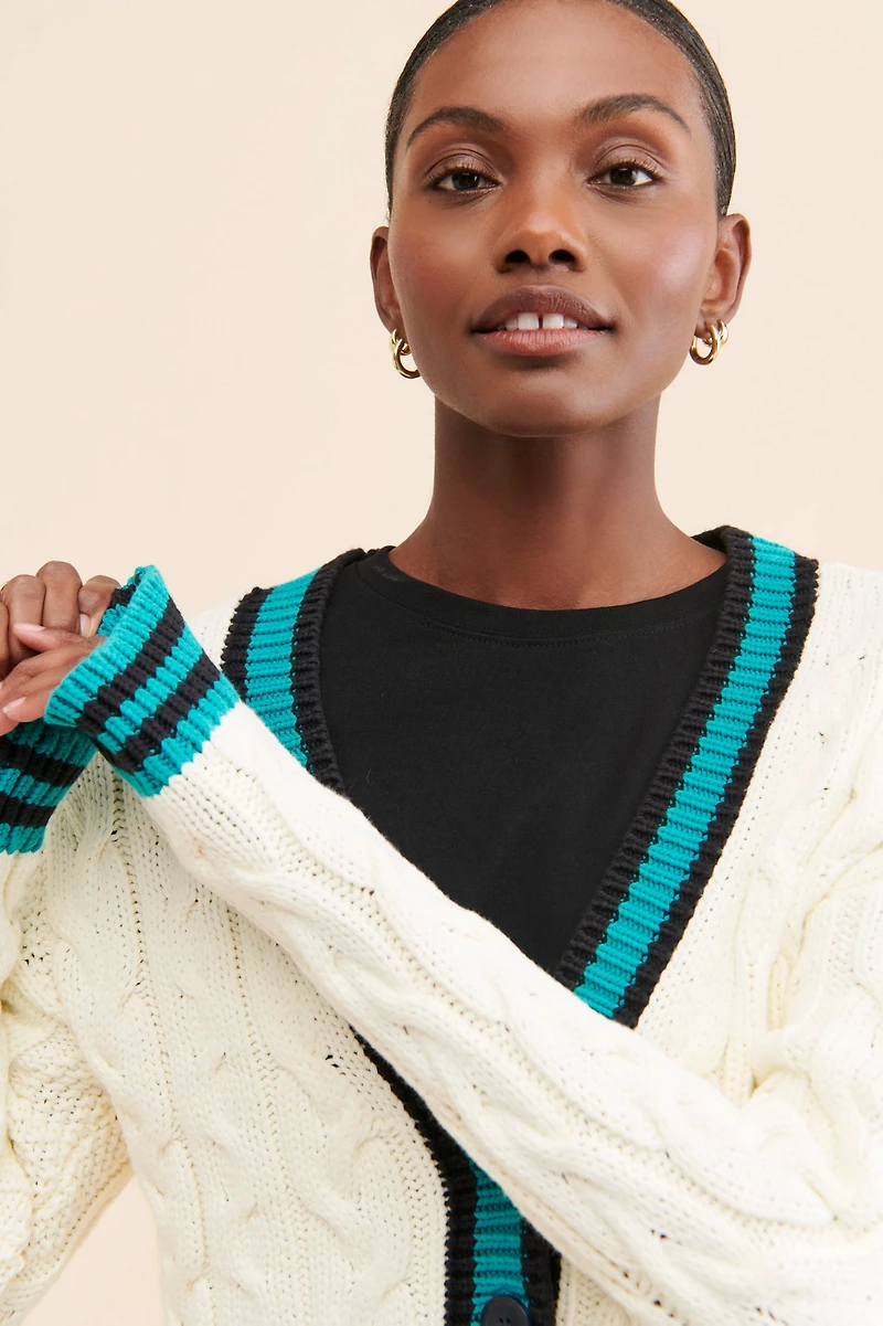 Maeve Varsity Cable-Knit Cardigan Sweater