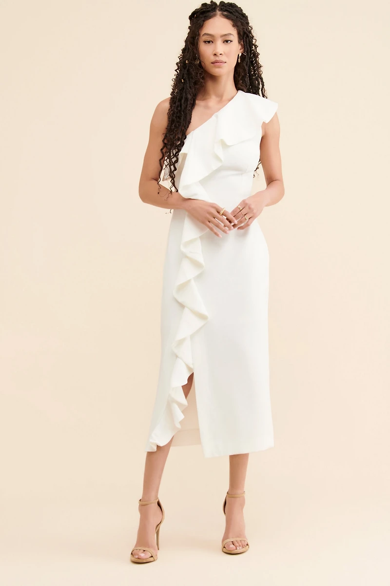 Keepsake One Shoulder Ruffle Midi Dress