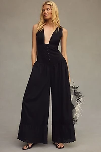 Deep-V Button-Front Wide-Leg Jumpsuit