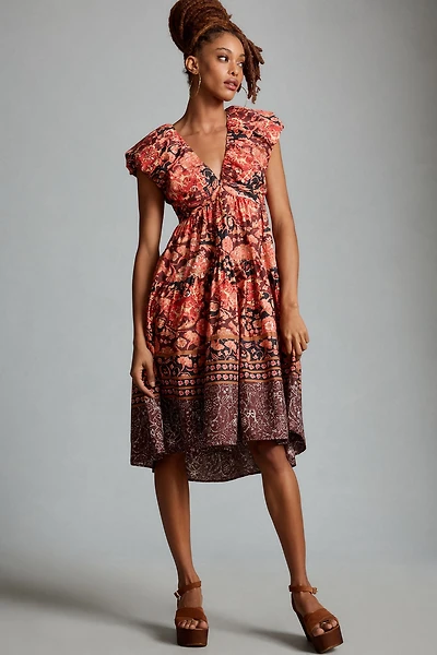 Printed V-Neck Babydoll Dress