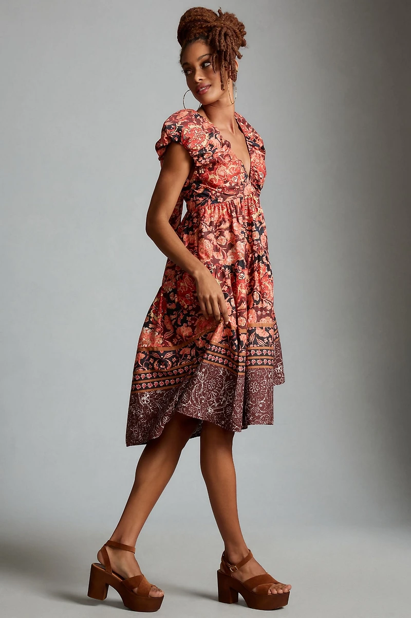 Printed V-Neck Babydoll Dress