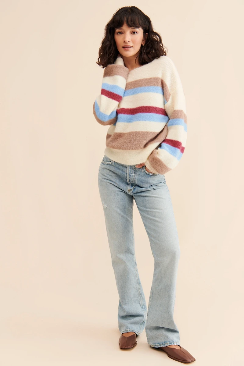 Flat White Fluffy Striped Sweater
