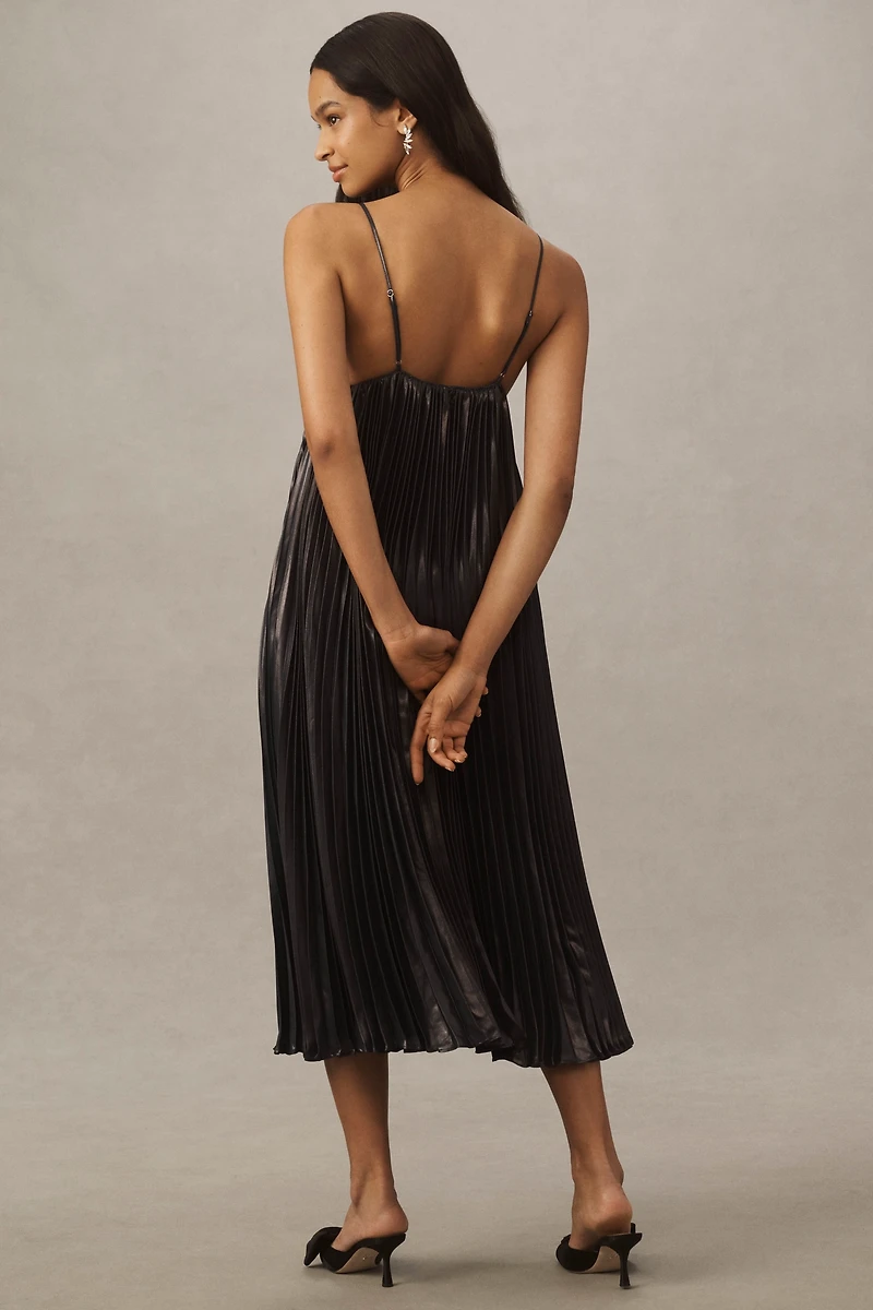 BHLDN Alessia Sleeveless V-Neck Pleated Crepe Midi Dress
