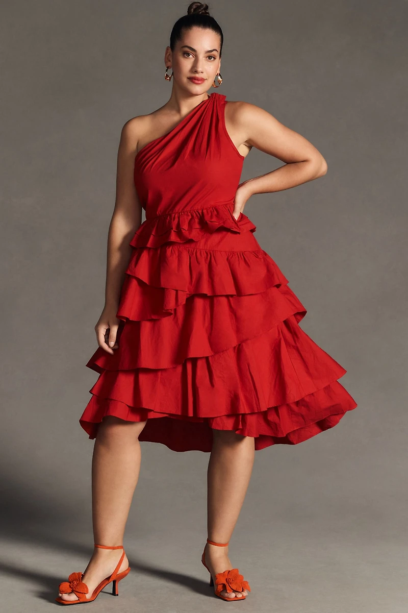 One-Shoulder Tiered Midi Dress