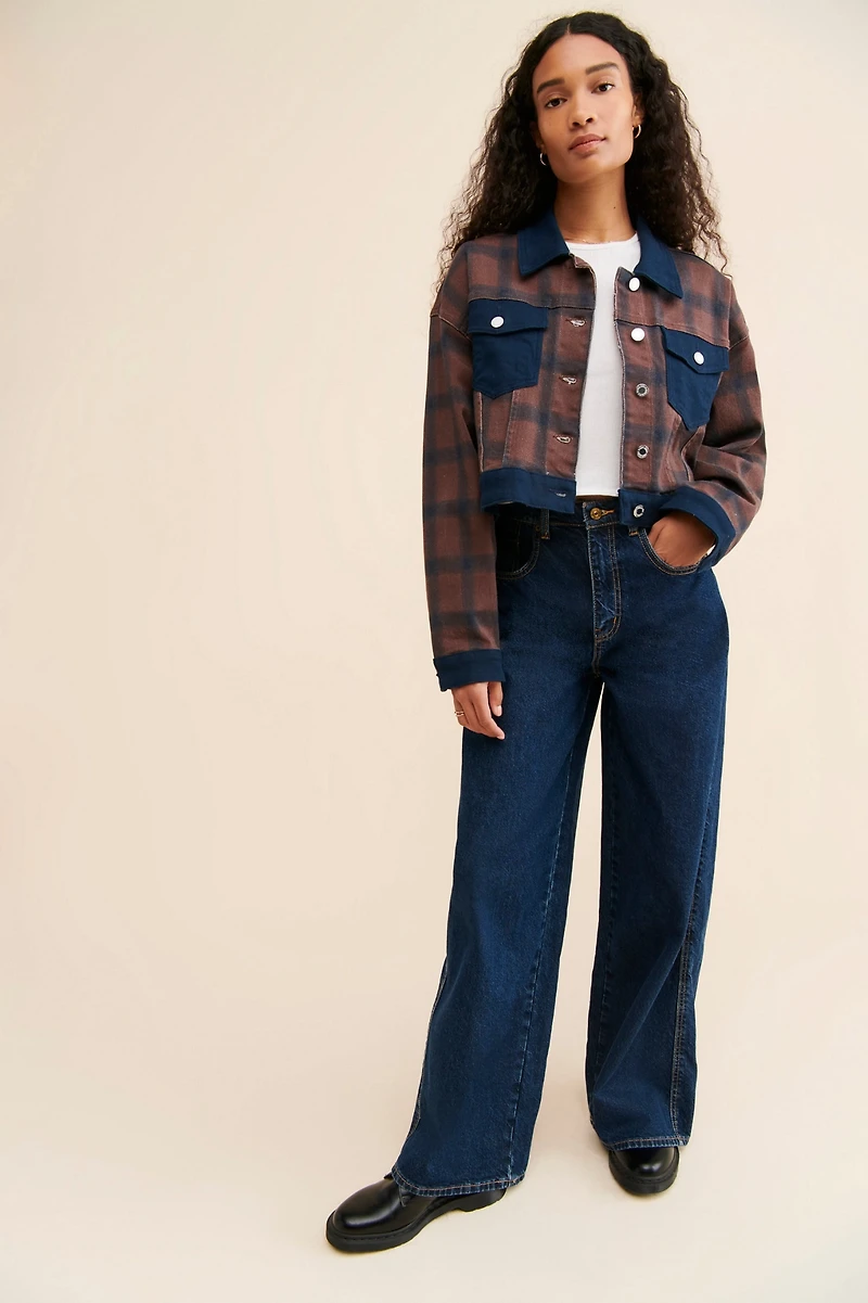 WeWoreWhat Plaid Colorblock Denim Jacket