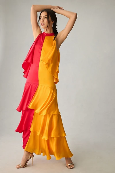 Pinnacle By Shruti Sancheti Mock-Neck Colorblock Ruffle Dress