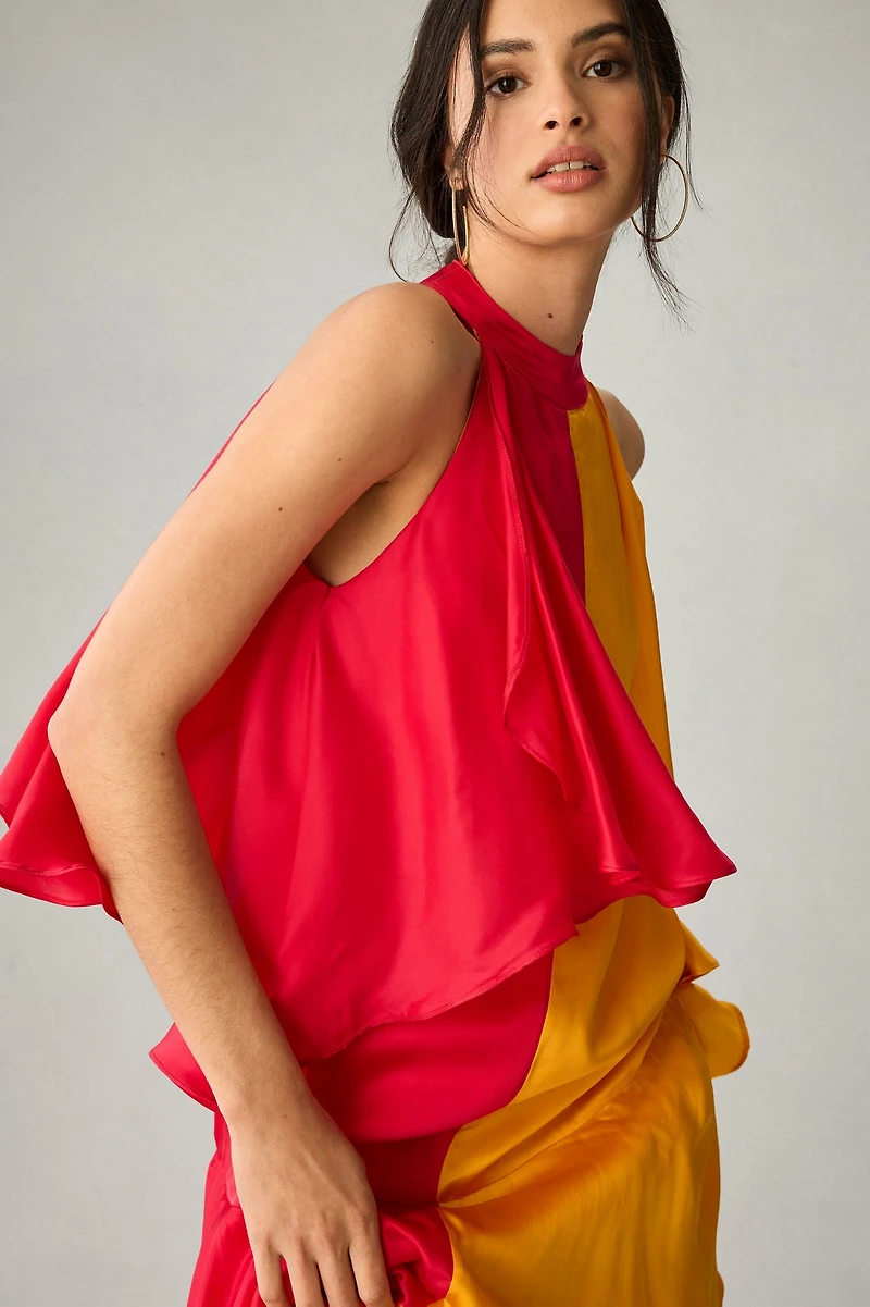 Pinnacle By Shruti Sancheti Mock-Neck Colorblock Ruffle Dress
