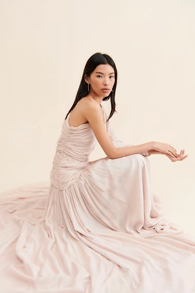 BHLDN Jade Metallic One-Shoulder Asymmetrical-Waist Gown