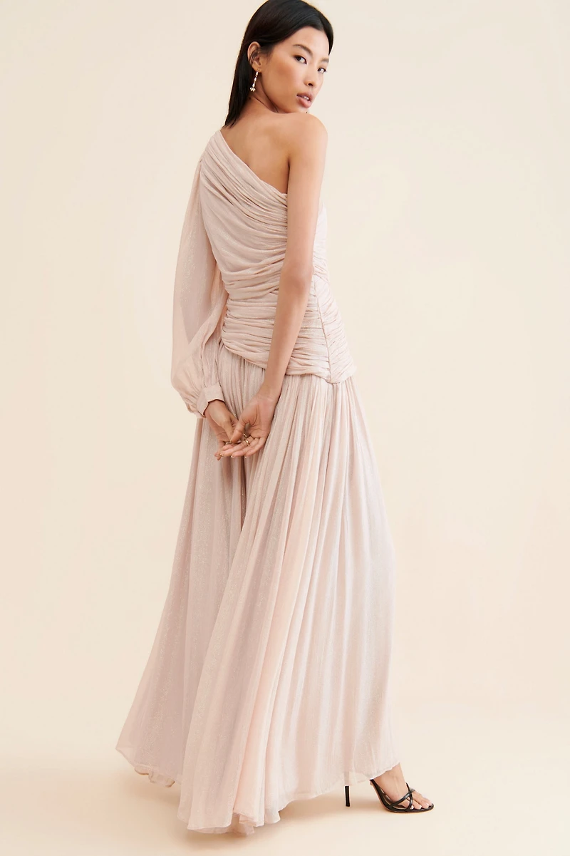 BHLDN Jade Metallic One-Shoulder Asymmetrical-Waist Gown
