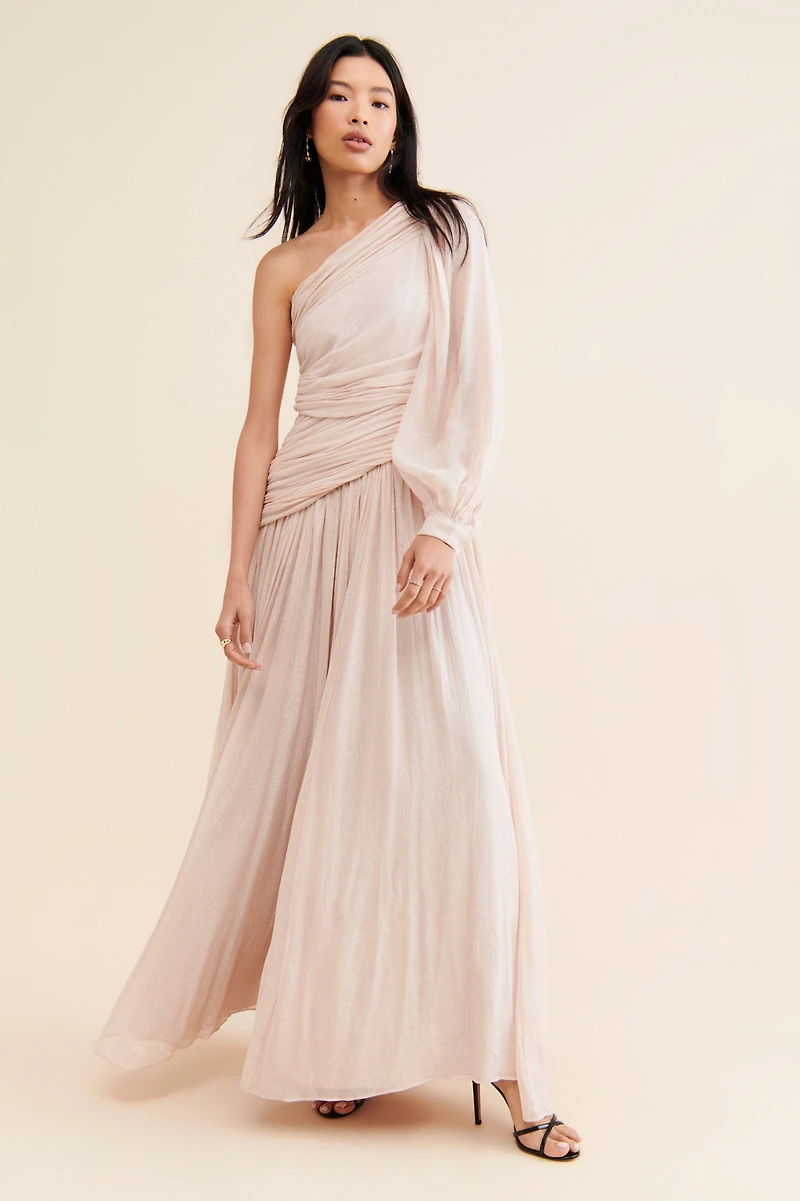 BHLDN Jade Metallic One-Shoulder Asymmetrical-Waist Gown
