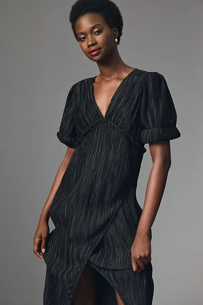 V-Neck Pleated Slim Midi Dress
