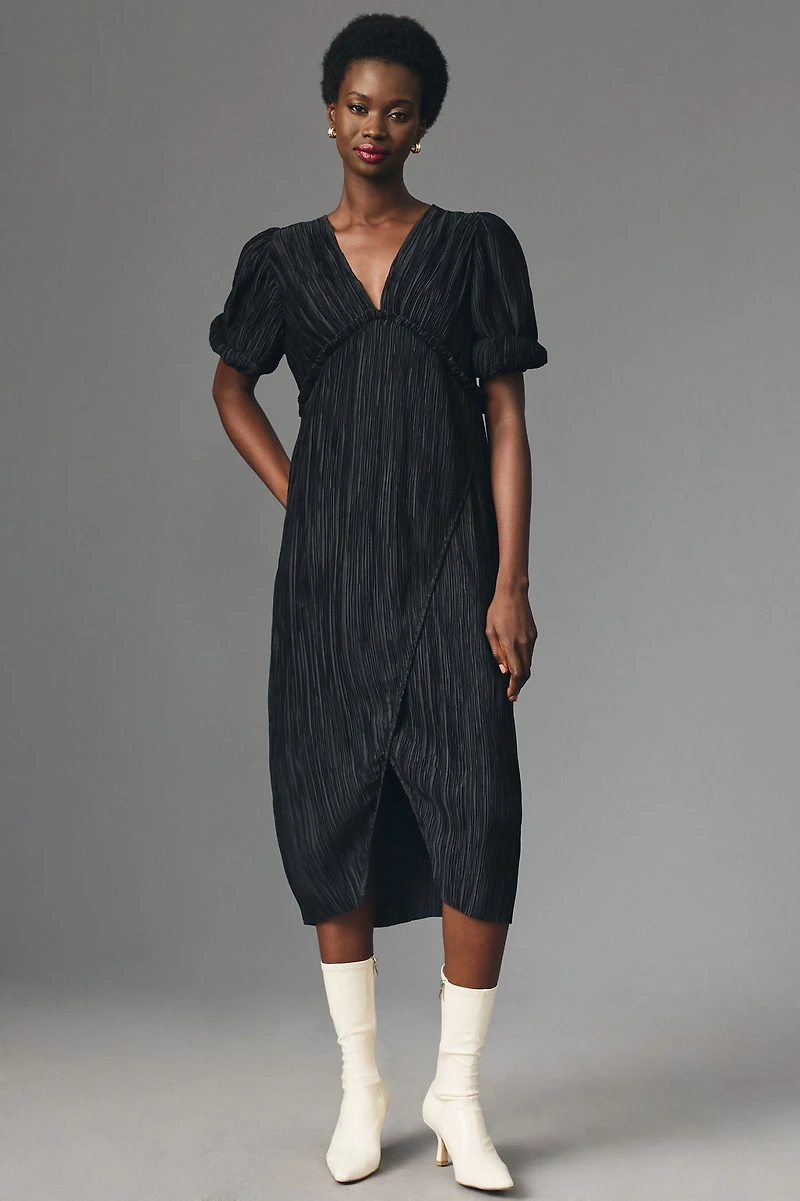 V-Neck Pleated Slim Midi Dress
