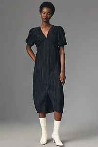 V-Neck Pleated Slim Midi Dress