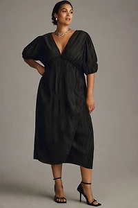 V-Neck Pleated Slim Midi Dress
