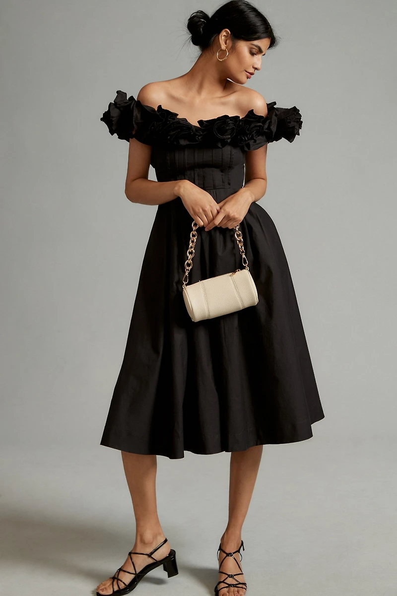 Maeve Ruffled-Neckline Pleated Dress