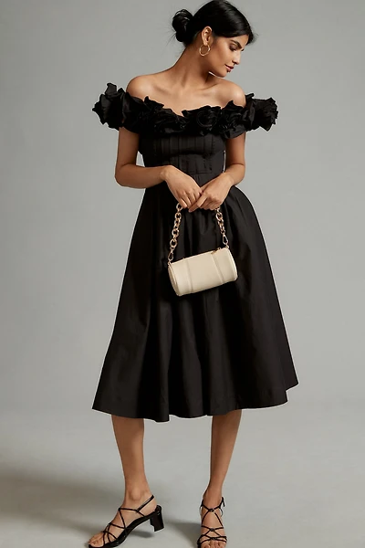 Maeve Ruffled-Neckline Pleated Dress