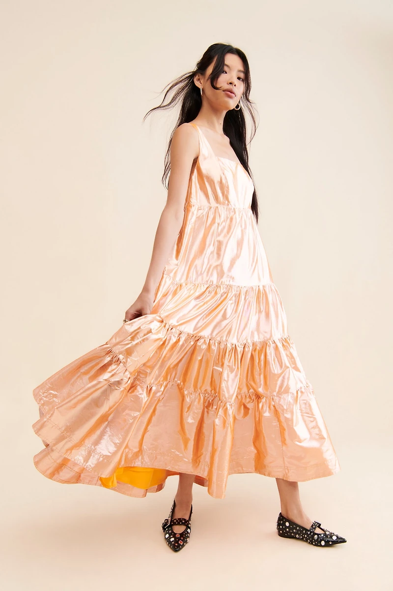 Let Me Be Tiered Maxi Metallic Dress