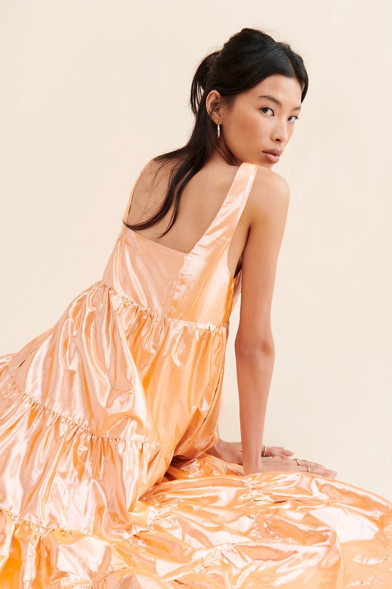 Let Me Be Tiered Maxi Metallic Dress